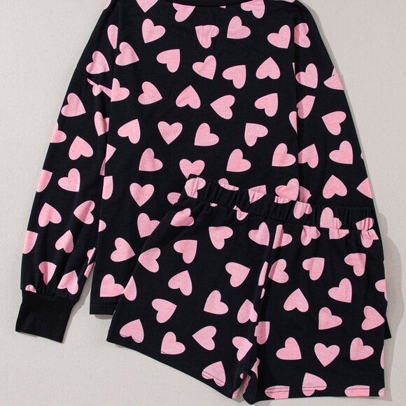 Black Valentine Heart Shape Print Long Sleeve Top Shorts Lounge Set - Picture 5 of 11